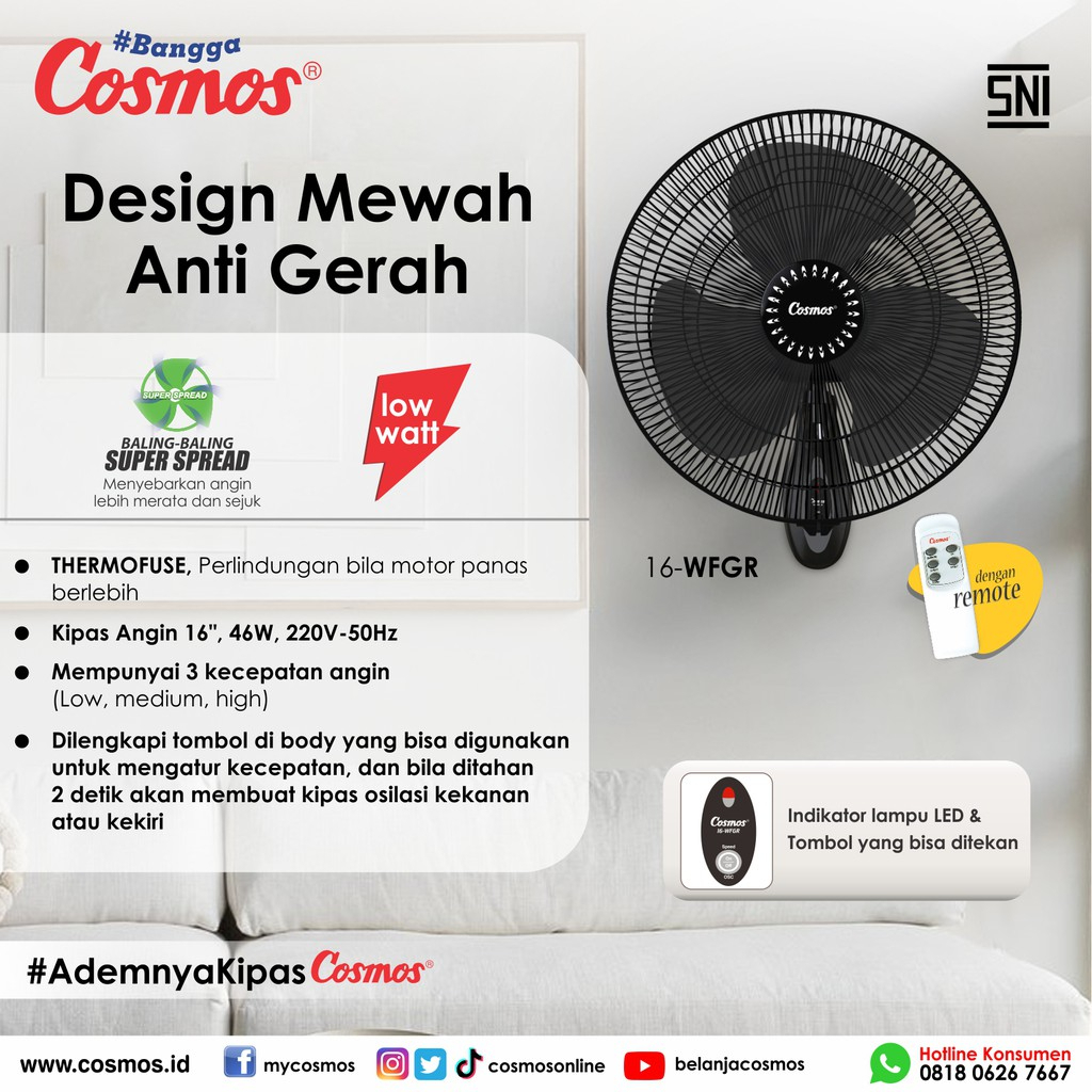 VC020 - Cosmos Kipas Angin Wall Fan 16-WFGR (remote)